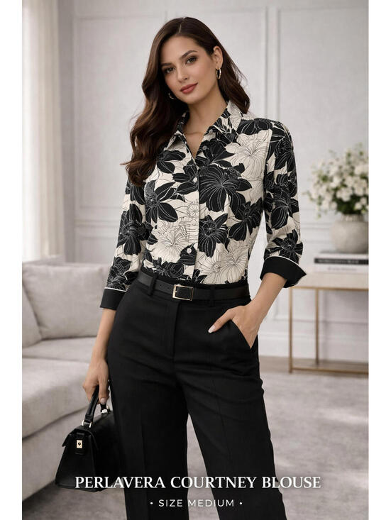 Tops - Perlavera Courtney Blouse Medium Black White Floral Button Front Shirt NWT Chic